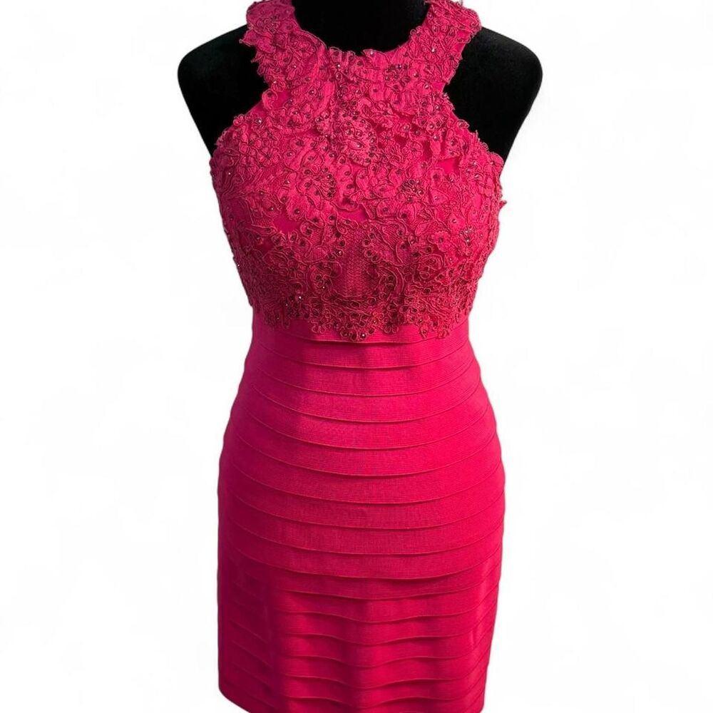 2010s Prom Divacore Romantic Fuchsia Lace Bandage Dress Beaded Halter Bodice